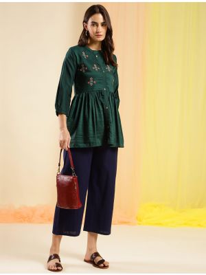 bottle green chinon embroidered casual top fabku20839