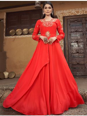 bright red muslin readymade gown with thread embroidery fabgo20242