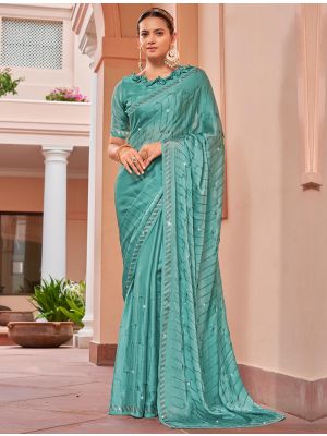 Light Blue Satin Chiffon Blooming Saree With Swarovski