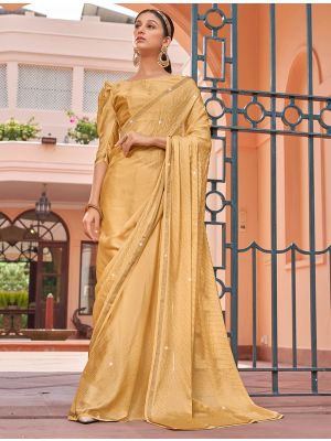 Light Gold Satin Chiffon Blooming Saree With Swarovski