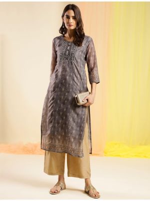 light grey chinon digital printed kurti with hand work fabku20848