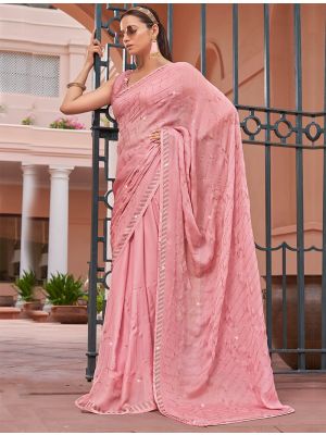 Pinkish Peach Satin Chiffon Blooming Saree With Swarovski