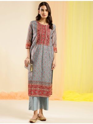 silver grey chinon digital printed kurti with hand work fabku20856