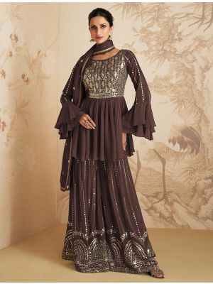 Dark Brown Chinon Semi Stitched Sequined Palazzo Suit FABSL21582