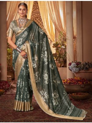 Intense Olive Cotton Silk Digital Printed Party Wear Saree