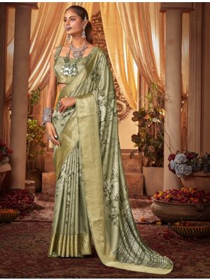 Olive Green Cotton Silk Digital Printed Party Wear Saree