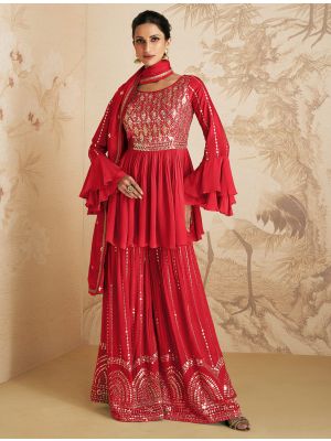 Red Chinon Semi Stitched Sequined Palazzo Suit small FABSL21587