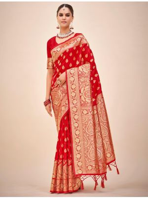 Vivid Red Banarasi Silk Saree With Woven Zari