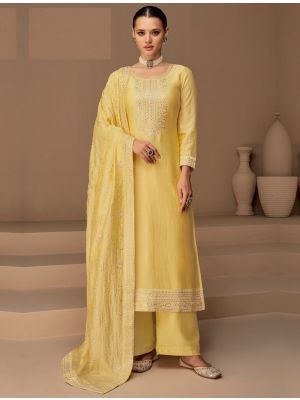Yellow Silk Embroidered Semi Stitched Salwar Kameez small FABSL21563