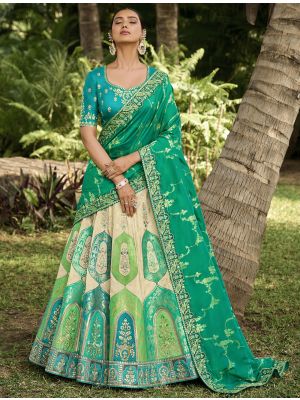 Beige And Green Banarasi Silk Designer Wedding Lehenga small FABLE20377