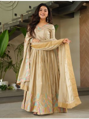 beige chinon flared gown with dupatta fabgo20369
