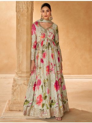 Beige Chinon Pre Stitched Anarkali Suit In XL small FABSL22121