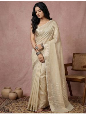 Beige Cotton Solid Saree With Golden Border