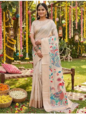 Beige Linen Cotton Traditional Pattern Saree