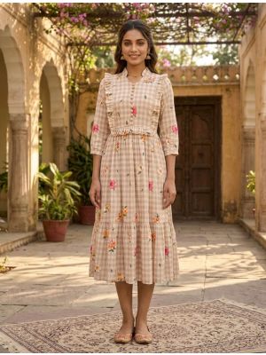 beige muslin fit and flare midi dress fabku21242