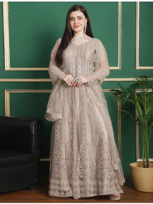 Beige Net Floor Length Suit With Cording Work small FABSL21799