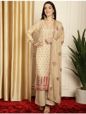 Beige Pure Silk Embroidered Sequined Salwar Suit small FABSL21590