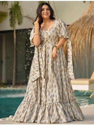 beige rayon digital printed flared gown   fabgo20372