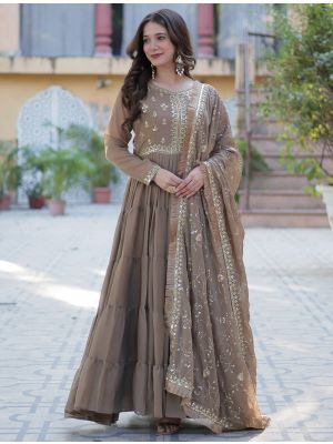 beige star georgette anarkali gown with dupatta fabgo20357