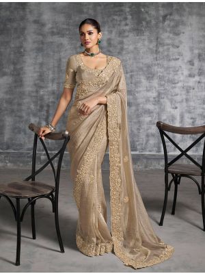 Beige Tissue Silk Embroidered Designer Saree