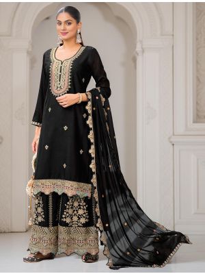 Black Chinon Embroidered Ready To Wear Palazzo Suit FABSL22224
