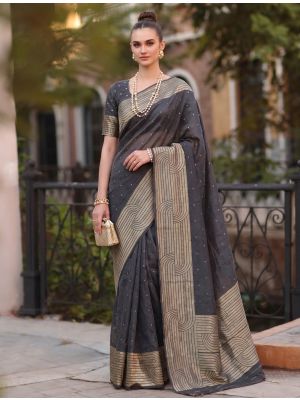 Black Cotton Blend Saree With Woven Zari Work