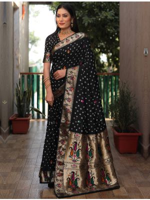 Black Dola Silk Bandhej Printed Saree With Zari Work