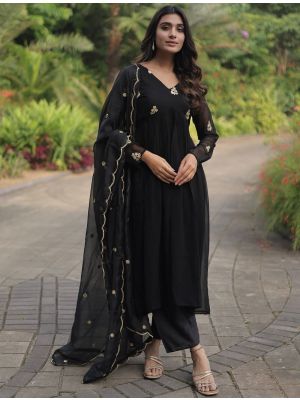 Black Georgette Embroidered Readymade Palazzo Suit FABSL21744