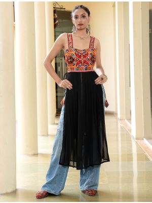 black georgette kutch embroidered festive long top fabku21140