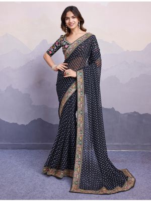 Black Georgette Saree With Bandhani Print And Embroidery