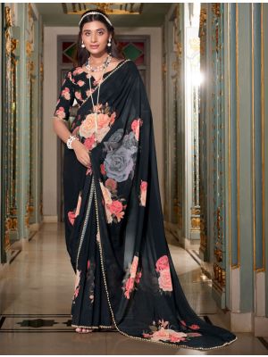 Black Georgette Saree With Pearl Lace Border