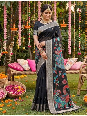 Black Linen Cotton Traditional Pattern Saree