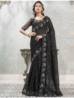 Black Premium Georgette Saree With Sequins Embroidery