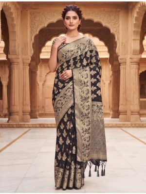 Black Viscose Silk Saree With Woven Zari Work