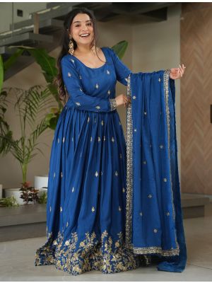 blue chinon elegant gown with dupatta fabgo20394