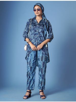 blue crepe silk stylish co ord with scarf fabku21083
