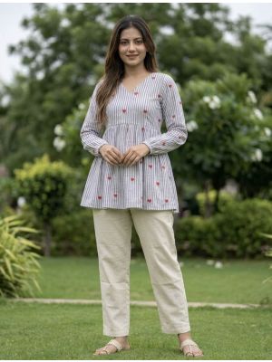 blue grey cotton top with straight cut trousers small fabku21259