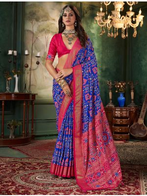 Blue Tussar Silk Elegant Saree With Ikat Print