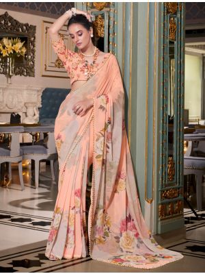 Blush Peach Georgette Saree With Pearl Lace Border