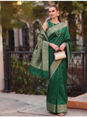 Bottle Green Cotton Blend Saree With Woven Zari Work