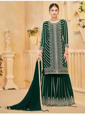 Bottle Green Georgette Embroidered Ready To Wear Sharara Suit FABSL22135