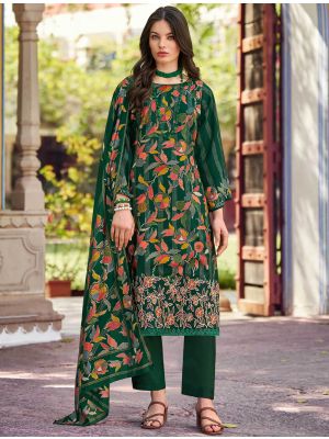 Bottle Green Muslin Floral Printed Ready To Wear Salwar Kameez FABSL22218