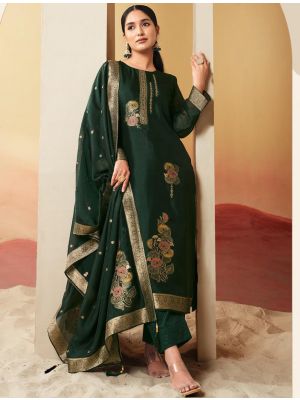 Bottle Green Silk Jacquard Elegant Salwar Kameez FABSL22175