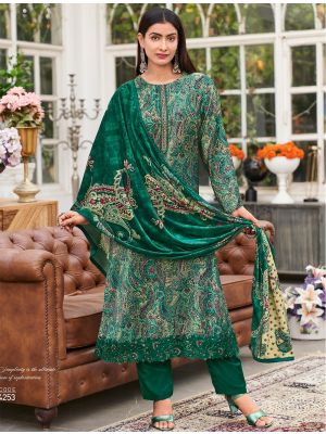 Bottle Green Velvet Printed Salwar Kameez With Thread Work small FABSL21649