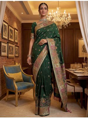Bottle Green Virana Silk Saree Adorned With Traditional Motifs