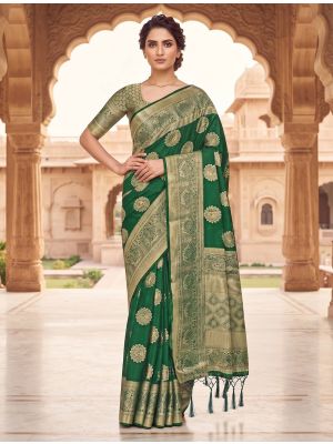 Bottle Green Viscose Silk Saree With Woven Zari Work