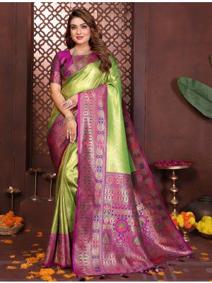 Bright Green Banarasi Silk Saree With Paithani Weaving
