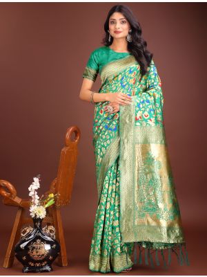 Bright Green Lichi Silk Festive Saree