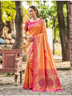 Bright Orange Kanjivaram Art Silk Zari Woven Saree