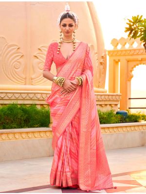 Bright Peach Silk Saree With Woven Work And Digital Print